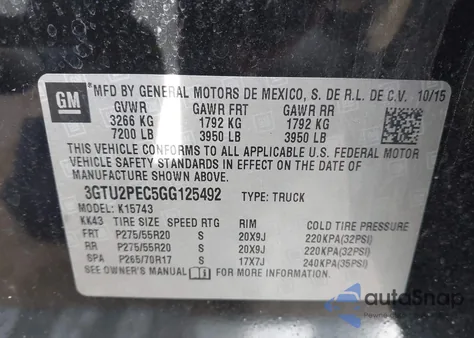 2016 GMC Sierra 1500 Denali z USA, uszkodzony, nr VIN 3GTU2PEC5GG125492